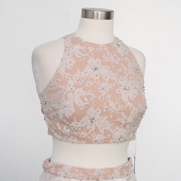 TERANI. Two Piece Halter Lacy Patterend Prom High Low Ball Gown - Picture 7 of 16